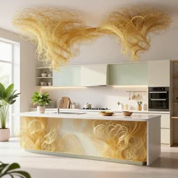 a modern kitchen made from a hiper detailed thin golden tendrils, fractal ornaments, clean architecture, pastel colored, some fresh plants, intricate detailed 3 d render, elegant, intense colors, wide shot, octane render, photorealistic, daylight, peaceful, 8 k