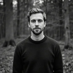 black and white portrait of ryan winter in the forest