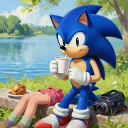 sonic the hedgehog and the t 8 0 0 from terminator enjoying coffee, wearing summer clothing, near a beautiful lake. pixiv, masterpiece, wlop, oil painting, ranked on artstation