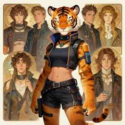 female anthropomorphic furry tiger character in cyberpunk clothes. Renowned character illustration by greg rutkowski, thomas kindkade, alphonse mucha, loish, norman rockwell. Trending on artstation.