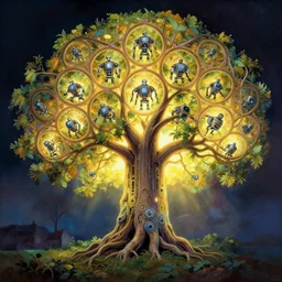 stunning tree of life a system based robot neuron field of light, 8 k resolution concept art photorealism acrylic art back lit horde 3 d beautiful retro detailed painting, studio ghibli