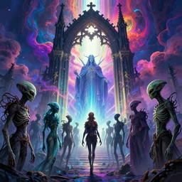 [ palate ] [ vibrant gothic colors ] alien soul spirits congregating in front of a giant gothic gateway, god figure waiting behind the gate, vibrant neon nebulous clouds, hyper realistic illustration, radiant light rays, photorealistic illustration, intricate and fine details, volumetric lighting, artstation