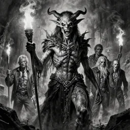 b & w pencils baphomet, rage, syd mead, chris foss, enric torres, alberto bontempi, feng zu hyper realism, narrative light, epic, hyper detailed, awe inspiring, award winning horror, torch lighting, hyper realism, cinematical