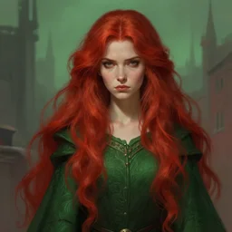 long fancy red hair mage, portrait, gentle, scowl, cloth, female, city background, d & d, fantasy, intricate, elegant, digital painting, red green color palette, artstation, octane render, concept art, matte, sharp focus, illustration, herrarthstone, art by artgerm and greg rutkowski and alphonse mucha
