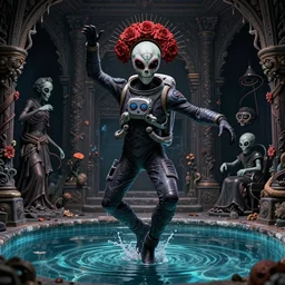 an evil alien astronaut, dia de los muertos, a pool of water. dark dance photography, intricate detailed 8 k environment, james jean, nisachar art, mateo dineen, alessandro bavari
