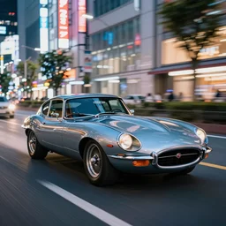 award winning photo of an ultra detailed high quality!! jaguar e - type!! car, shiny highly reflective, lowered suspension, speeding very fast along a colorful neon lights tokyo street, night, fast shutter speed, motion blur, tiny gaussian blur, highly detailed, light streaks, highly intricate, depth of field, trending on top gear, full car body, wide angle lens