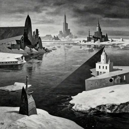 a surrealist dadaist collage by jean arp and max ernst depicting a dramatic arctic landscape, with mysterious buildings in the distance