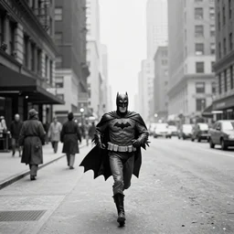 old black and white photo, 1 9 1 3, depicting batman from dark knight running through the bustling streets of new york city, rule of thirds, three - point perspective, historical record