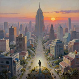 lone wanderer in a highly detailed surreal cinematic suburb, psychedelic, amazing, by feng zhu, wayne barlowe, perfect geometry, hdr, 4 k, hyper - detailed, sharp, beautiful, desaturated, beautiful lighting, oil on canvas, sunset