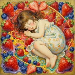 an intricate oil painting of a beautifull sleeping litle girl surounded by hiper detailed strawberry, blueberry, melting colorfull wax, colorfull, excelent composition, wide shot, by yoshitaka amano, by greg rutkowski, by alphonse mucha by jeremyg lipkinng, by rhads, by ross tran, by artgerm, octane render