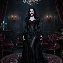 alexandra daddario posing as a vampire in gothic clothing in an dark gothic apartment