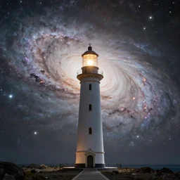 the lighthouse in the middle of the galaxy , wide angle shot, diffuse lighting, fantasy, intricate, elegant, highly detailed, lifelike, photorealistic, digital painting, illustration, concept art, smooth, sharp focus, A24!film cinematography