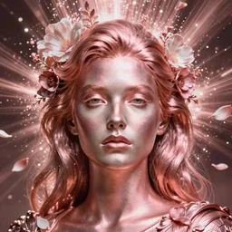 rose gold carved mahogany beauty portrait, fauna flora explosion of beautiful petals, radiant light, artgerm, peter mohrbacher, fantasy art