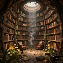 there are many books and bookshelves in a warm hut, spiral, unreal engine, global illumination, flowers, smoke, detailed and intricate environment, mysterious, comfort, in the style of aetherpunk