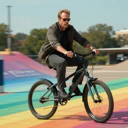Mike Ehrmantraut riding a rainbow colored pont