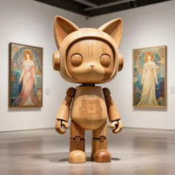 3 d octane render, ultra photorealistic, 8 k hyper detailed, a very very cute wooden statue robot of the anthropology, cat ears, cyberpunk, cgsociety, in a contemporary art gallery, in neo tokyo, artwork by alphonse mucha