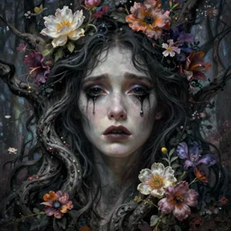 a beautiful terrifying but sad female portrait black eyes twisted trees, crying tears, bloom made of flowers. ethereal horror fantasy art by greg rutkowski and raymond swanland and monet