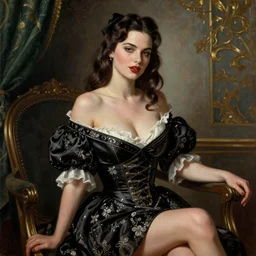 emily ratajkowski dressed in pin up style, ultra detailed, beautiful, decolte, by greg hildebrandt fancy rococo baroque oil painting high quality clothed in fancy garb in pin up style