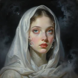 a neoclassicist close - up portrait of a big - eyed female cloaked in silk with glowing bubbles. iridescent and reflective alien technology. foggy black background with dark puffy cosmic clouds. highly detailed science fiction painting by norman rockwell, frank frazetta, syd mead and moebius. rich colors, high contrast, gloomy atmosphere, dark background. trending on artstation.