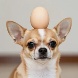 chihuahua with an egg on top of its head