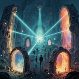 portals, wormholes, gates in reality, some with laser beams coming out of them, fantasy art,, alena aenami, petros afshar, noah bradley, anton fadeev, anato finnstark, steve henderson, filip hodas, mark keathley, thomas kinkade, phil koch, gilbert williams, mike winkelmann, beeple