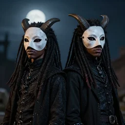 hyperrealistic hyper detailed 8 5 mm portrait of two black goth male wikiing's with dreadlocks head with horns, masks in the style of joseph mallord william turner concept art very dramatic nighttime dark moonlight soft light low side angle shot hd 8 k sharp shallow depth of field