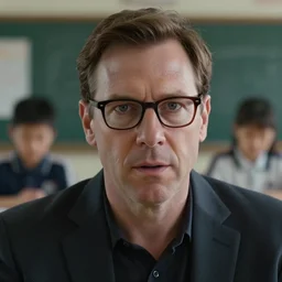film still of agent smith working as a primary school teacher in the new matrix movie, 8 k, highly detailed face, dark glasses