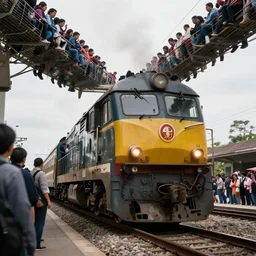 a train is coming full of passengers onboard, dramatically low angle photograph, trending on artstation