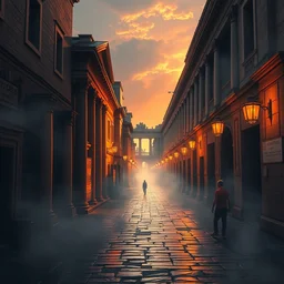 a cyberpunk digital art of a street in ancient rome, beautiful digital art, volumetric lighting, steam, steam, sunset, highly detailed, professional, washed out colors