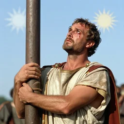 1 9 6 0 s movie still of marcus atilius regulus tied at pole with his bleeding eyes looking at the sun, cinestill 8 0 0 t 3 5 mm b & w, high quality, heavy grain, high detail, texture, dramatic light, anamorphic, hyperrealistic, detailed hair