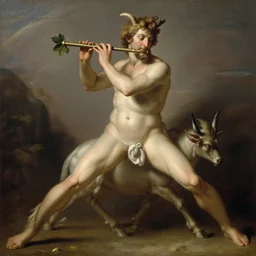 satyr god faun pan with hoofs and playing flute with wine leaf high resolution 8 k in style of michael hussar 8 k