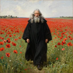 an old wizard with long silver hair in black robes walking towards me in a field of red poppies by george frederick watts, oil on canvas, 1 8 9 3