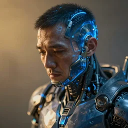 hyperrealistic close-up blue glow exoskeleton!! sad chinese man covered highly detailed concept art eric zener elson peter cinematic side soft yellow light high angle hd 8k sharp shallow depth of field