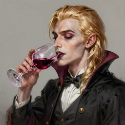 A blonde vampire drinking blood out of a wine glass,  highly detailed, digital painting, artstation, concept art, sharp focus, illustration, art by artgerm and greg rutkowski and alphonse mucha
