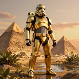 concept art of heavy trooper with golden details, pyramids, puddles of water, bushes and leafs, by filip hoda, beeple, greg rutkowski, octane render, cryengine, details, hyper realistic, orange glow, sunrise
