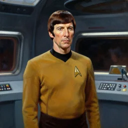 spock ( leonard nimoy ), the vulcan officer from star trek on the bridge of the enterprise. oil painting in the style of edward hopper and ilya repin. detailed and realistic.