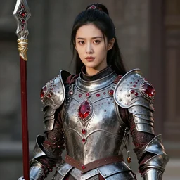 photo of a real-life beautiful female warrior with ruby encrusted armour