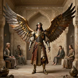 matte symmetrical portrait of steampunk abbas ibn firnas and his famed mechanical prosthetic eagle wings in ancient persia. a surrealist interior mental landscape by hieronymus bosch, cyril rolando, esher and natalie shau, whimsical, profound, impossible. trending on devaintart.