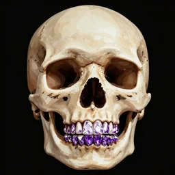 an iconic illustration of a full skull with purple diamond teeth
