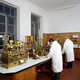 realistic photo of the old science laboratory, white walls wooden panels, brass equipment and devices, people wearing white fluffy cotton robes, dark sky in a window