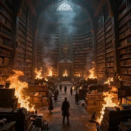 Raiders burn a vast library, fantasy, wide shot, trending on artstation