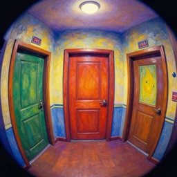 theatre access corridor background, 3 doors, fish eye, day of the tentacle, color, vibrant, impressionism