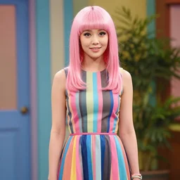 stephanie from lazytown with pink hair and bangs and vertical stripes dress with different color, pink stripes