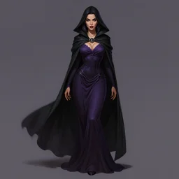 Fantasy portrait, Necromancer, female, alluring, beautiful face, dark garments, dark pruple robes, midriff, Black cloak from neck to ankles, pin-up, shapely toned derriere, matte painting, by WLOP, artstation