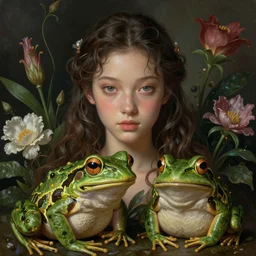 hyperdetailed dramatic portrait of princess and the frog with floral plants. by greg rutkowski, highly detailed, digital painting, artstation, smooth, sharp focus illustration, artstation hq. intricate, elegant, 8 k, unreal engine. art by wlop and artgerm and ayami kojima. dan mumford, tomokazu matsuyama, takato yamamoto