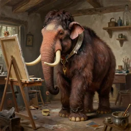 classic oil painting, an anthropomorphic bipedal mammoth that is dressed as a painter, as a dnd character, inside a cluttered art studio, cottagecore, highly detailed, digital illustration, concept art, smooth, sharp focus, art by greg hildebrandt, and tim hildebrandt