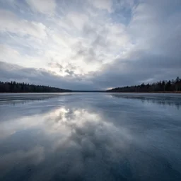 reflective frozen lake, swirly clouds, matte painting