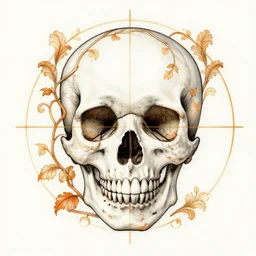 skull portrait in vines, elements, golden ratio, baroque, rococo, white + orange + ink + tarot card with ornate by marc simonetti, peter mohrbacher, detailed, intricate illustration, octane render