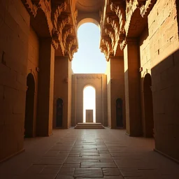 symmetry!! wide view inside!!! a simple temple made of ochre quarry stones and white adobe walls, different altars in separate alcoves, light coming from outside, atmospheric fantasy matte painting by christophe vacher and ruan jia and ivan shishkin, trending on artstation
