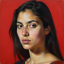 portrait of a latina woman, red background, ultra detailed, extreme close up, oil on canvas, dynamic, strong shadows, 4 k, illustration, by magritte, kehinde wiley, kadir nelson, edward hopper